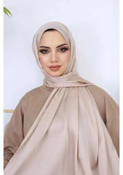 Tesettür Hijab Janjan Abiye Saten Dokulu Vual Ipek Şal Kum Beji