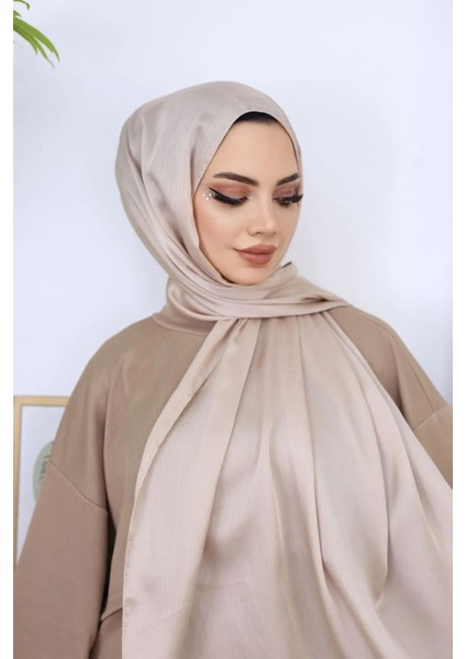 Tesettür Hijab Janjan Abiye Saten Dokulu Vual Ipek Şal Kum Beji