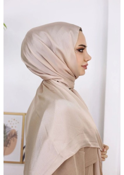 Tesettür Hijab Janjan Abiye Saten Dokulu Vual Ipek Şal Kum Beji