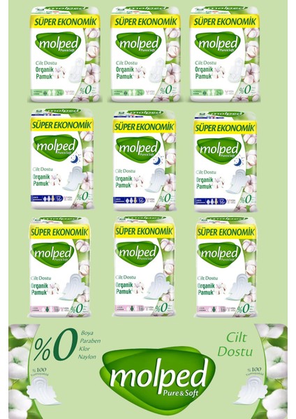 Pure Soft 9'lu Süper Ekonomik Karma Paket (3 x Gece 16 lı + 3 x Normal 24 lü + 3 x Uzun 18LI) Tek Ebat