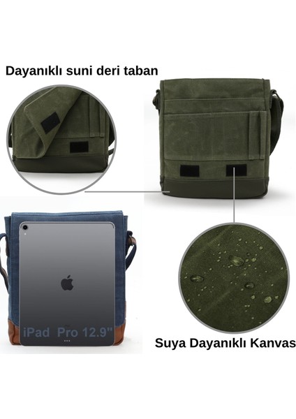 7112 Western Haki Yeşil Suya Dayanıklı Mumlu Kanvas Postacı.omuz Laptop Okul Çantası indirimleri