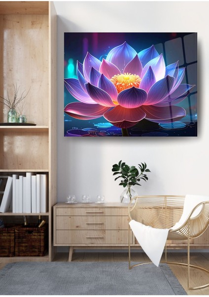 Renklerin Büyüsü: Parlayan Lotus Çiçeği Cam Tablo
