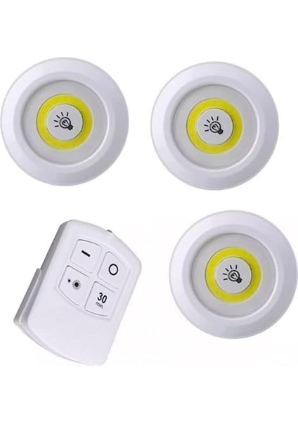 3'lü Set, Pille Çalışır, Uzaktan Kumandalı, Ayarlanabilir Parlaklık Ayarı, Otomatik Kapanma, Kablosuz Montaj, Yapışkan Bant Ile, LED Işık, Pille Çalışır