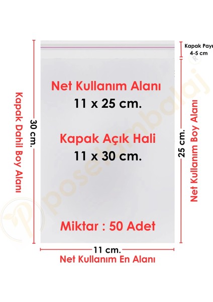 11X25+5 CM. (11X30) 50 Adet Şeffaf Bantlı Yapışkanlı Opp Poşet
