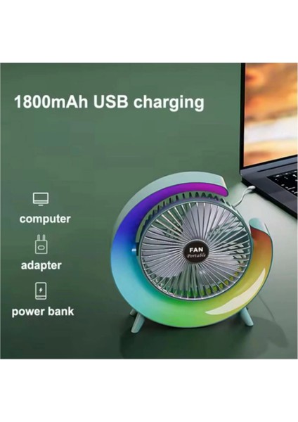 Masaüstü Vantilatör USB Şarjlı Rgb LED Işıklı 3 Kademeli 180° Ayarlanabilir Soğutucu Fan Mavi