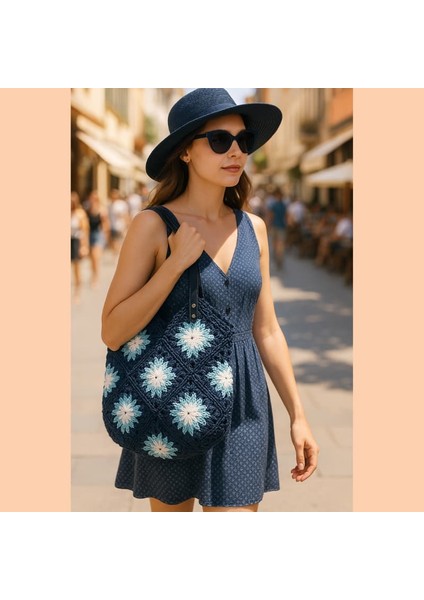 Hasır Lacivert Motifli Yazlık Kadın Omuz Çantası