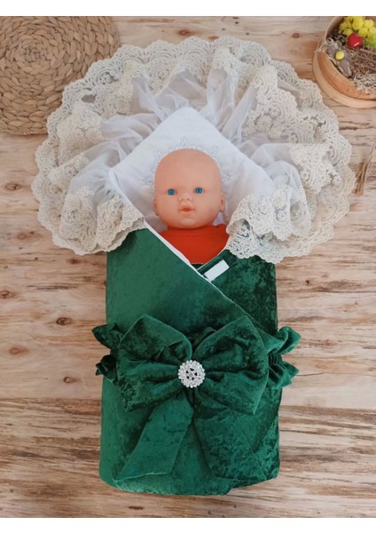 Yenidoğan Saray Kadife Taç Nakışlı Inci Fiyonklu Çift Dantel Duvak Trilüks Kundak Bebek Battaniyesi Yeşil fiyatları