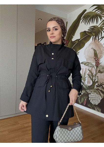 Fermuarlı Belden Büzgülü Giy-Çık Takım – Ithal Dökümlü Kumaş Siyah