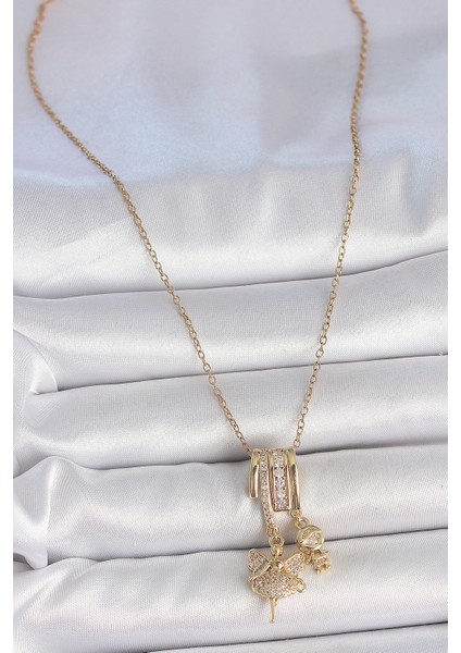 316L Çelik Gold Renk Zirkon Taşlı Sallantı Melek Figür Charm Kadın Kolye fiyatları