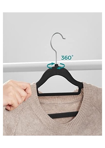 Kadife Elbise Askısı 20'li Set Kaymaz Küçük Bağlantı Çubuğu 360° Dönen Kanca 0,6 cm Kalın Yerden Tasarruf 43,5 cm Uzun Coats Pantolon Için Gümüş Siyah CRF20B