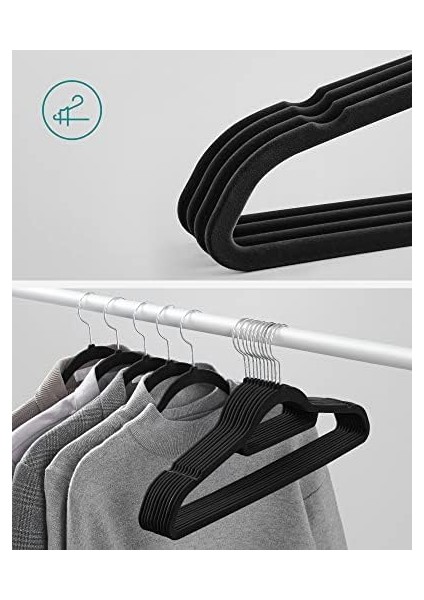 Kadife Elbise Askısı 20'li Set Kaymaz Küçük Bağlantı Çubuğu 360° Dönen Kanca 0,6 cm Kalın Yerden Tasarruf 43,5 cm Uzun Coats Pantolon Için Gümüş Siyah CRF20B