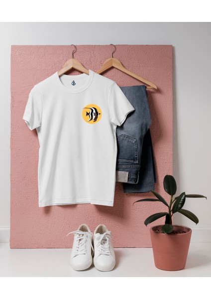 Oversize Moorish Idol Balığı Tasarımlı Cep Baskılı Unisex T-Shirt
