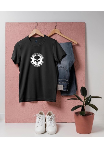 Oversize Punisher Kuru Kafa Logo Tasarım T-Shirt fiyatları