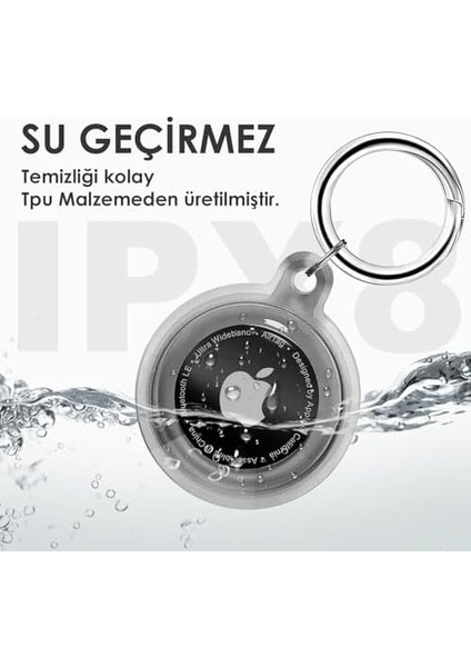 Airtag Için Su Geçirmez Ultra Şeffaf Görünümlü Kılıf ve Anahtarlık, Sert Silikon Şeffaf Renkli Kılıf (Siyah)