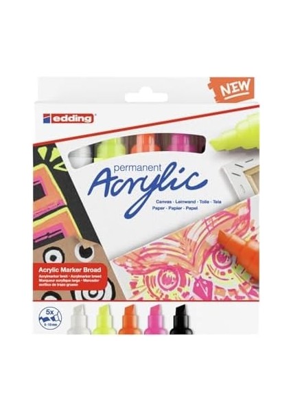5000 Akrilik Markör Geniş - Beyaz Siyah Sarı Turuncu Pembe - Akrilik Markörler 5'li Paket (Neon) - 5-10 mm Kesik Uçlu