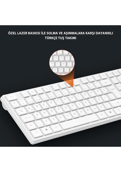 KM2001 Kablosuz Türkçe Q Klavye & Mouse Set - Qwerty Türkçe Dizilim Klavye, 1200DPI Optik Fare, Win/mac Uyumlu, Sıvı Dökülmesine Dayanıklı, Tam Boyutlu Türkçe Q Klavye Mouse Seti Beyaz