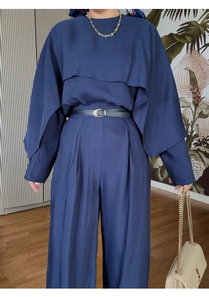 Pelerin Üst Detaylı Kemerli Palazzo Pantolon Takım – Ithal Dokuma Kumaş -Lacivert modelleri
