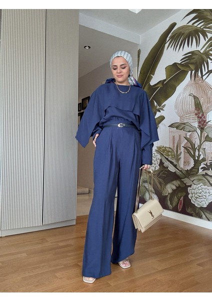 Pelerin Üst Detaylı Kemerli Palazzo Pantolon Takım – Ithal Dokuma Kumaş -Lacivert indirimleri