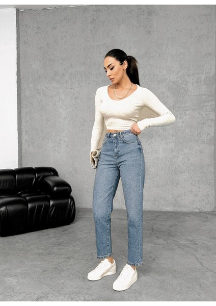 Kadın Mavi Yüksek Bel Kot Pantolon - Mom Fit Jean fiyatları