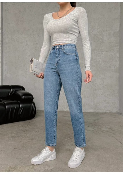 Kadın Mavi Yüksek Bel Kot Pantolon - Mom Fit Jean fırsatları