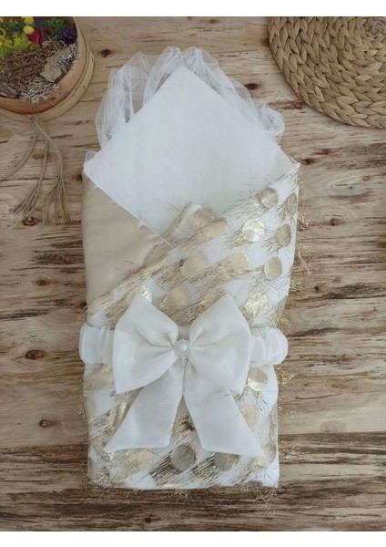 Yenidoğan Izmir Incisi Tül Işlemeli Pamuklu Fiyonklu Kundaklı Lüks 3lü Alt Açma Seti Gold fırsatları