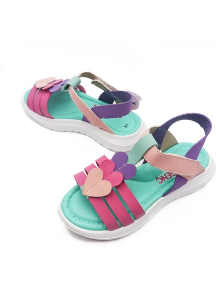 Şirin Genç Ortopedik Çok Renkli Bantlı Kalp Detaylı Kız Çocuk Sandalet