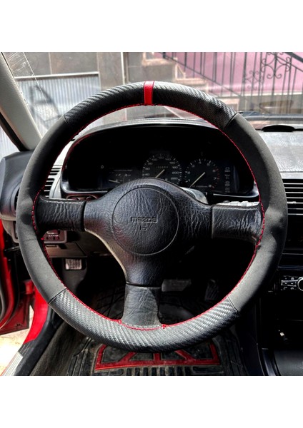 Dikişli Direksiyon Kılıfı Karbon Nubuk Deri Kırmızı Yüzük / Dikişli Mazda 323 Için