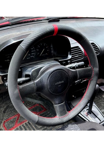 Dikişli Direksiyon Kılıfı Karbon Nubuk Deri Kırmızı Yüzük / Dikişli Mazda 323 Için fiyatları