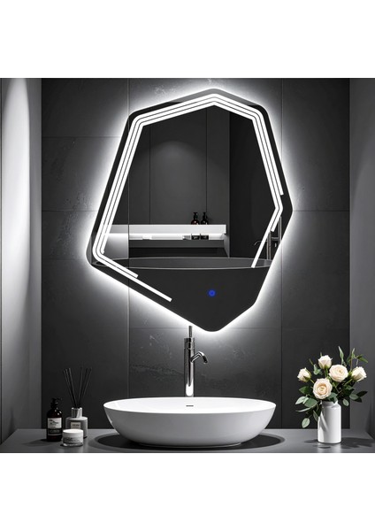 Myrella Beyaz Led'li Lazer Kumlamalı Lavabo & Banyo Aynası (Dokunmatik Sensörlü)