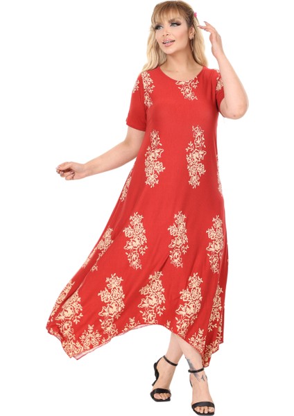 Butik Narçiçeği Pano Desen Asimetrik Kısa Kollu Elbise
