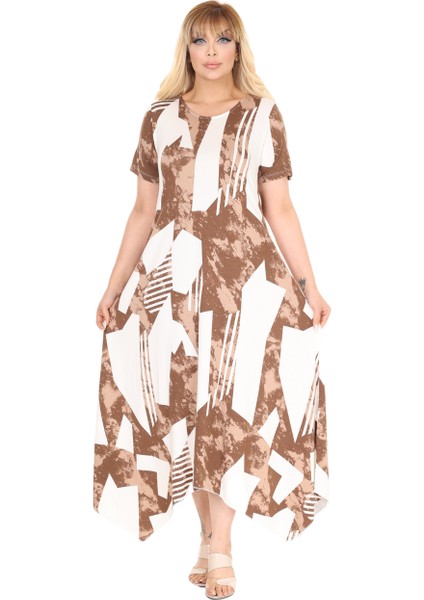 Butik Kahve Vintage Desen Asimetrik Kısa Kollu Elbise indirimleri