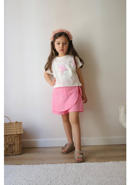 Kız Çocuk Pembe Yıldız Detaylı Şort Etek ve Tişört Bayramlık Takım