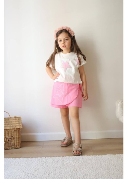 Kız Çocuk Pembe Yıldız Detaylı Şort Etek ve Tişört Bayramlık Takım fiyatları
