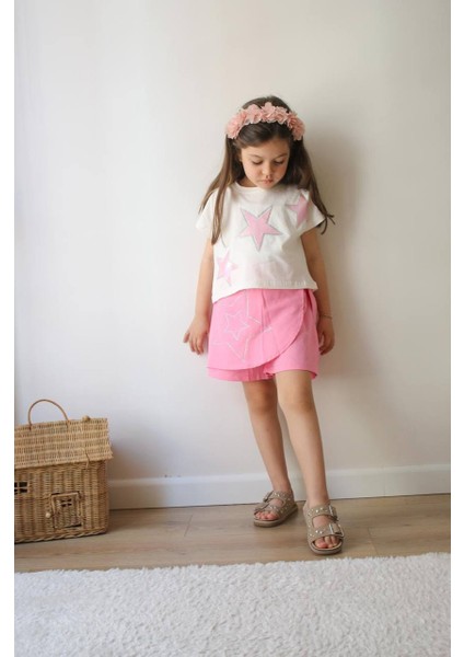 Kız Çocuk Pembe Yıldız Detaylı Şort Etek ve Tişört Bayramlık Takım modelleri