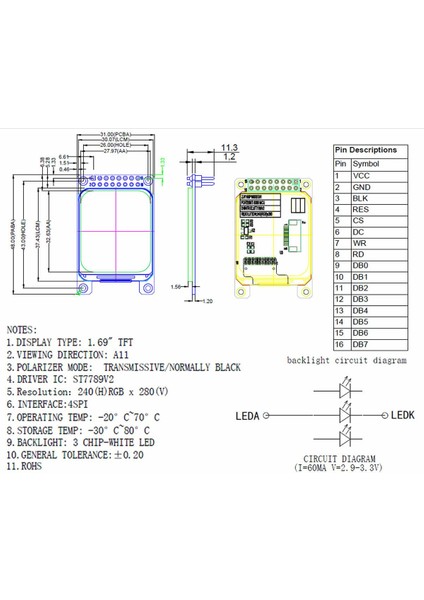 1.69 Inç LCD Tft Modül Yuvarlak Köşe ST7789V2 16 Pin Spı 8080 Paralel 240X280 Piksel Akıllı Saat modelleri