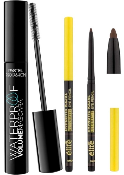 Waterproof Volume Mascara - Maskara + Elite Kajal Göz Kalemi ( Kahve )
