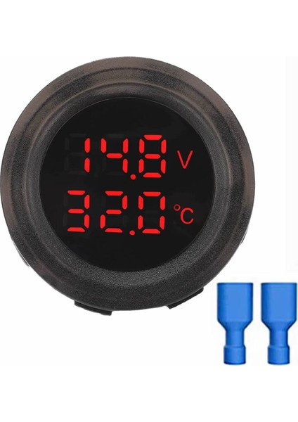 Yuvarlak Voltmetre Termometre 12V 24V Panel Tip Montaj Dijital Kırmızı Renk LED Sıcaklık Isı Voltaj