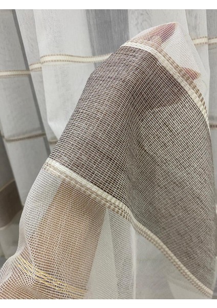 Ekru Zemin Kahve Tonlu Yatay Çizgili 1/3 Sık Pileli Tül Perde indirimleri