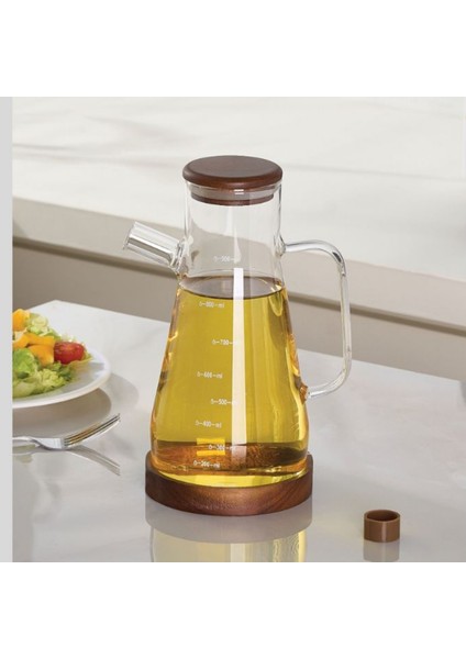 Borosilikat Cam Yağdanlık Sürahi– Akasya Kapak ve Altlıklı (900 Ml, 23X4 Cm)