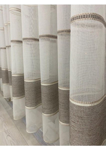 Ekru Zemin Kahve Tonlu Yatay Çizgili 1/2,5 Orta Normal Pileli Tül Perde fiyatları