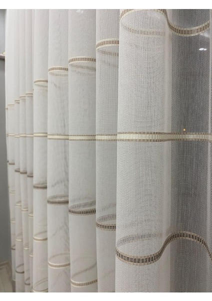 Ekru Zemin Kahve Tonlu Yatay Çizgili 1/3 Sık Pileli Tül Perde