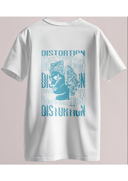 Regular Kalıp Unisex Tişört - Distortion Sanat Baskılı Stil T-Shirt (Beyaz)