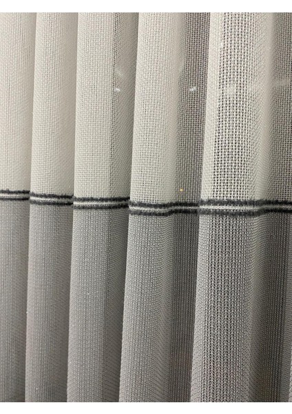 Ekru Zemin Gri Bantlı Simli 1/3 Sık Pileli Tül Perde fiyatları