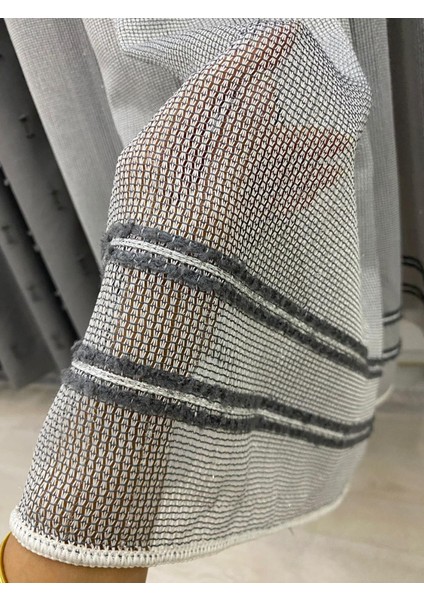 Ekru Zemin Gri Bantlı Simli 1/3 Sık Pileli Tül Perde fırsatları