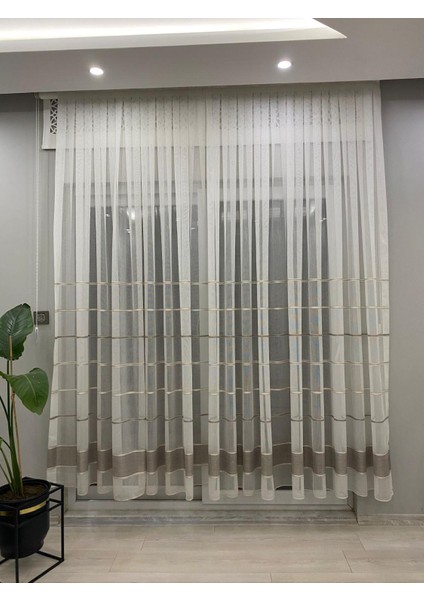 Ekru Zemin Kahve Tonlu Yatay Çizgili 1/2,5 Orta Normal Pileli Tül Perde modelleri