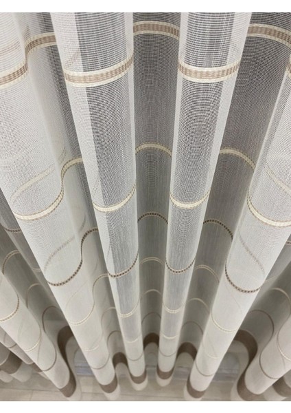 Ekru Zemin Kahve Tonlu Yatay Çizgili 1/2,5 Orta Normal Pileli Tül Perde fırsatları