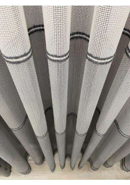 Ekru Zemin Gri Bantlı Simli 1/2,5 Orta Normal Pileli Tül Perde