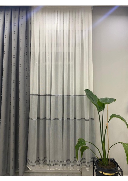 Ekru Zemin Gri Bantlı Simli 1/2,5 Orta Normal Pileli Tül Perde modelleri