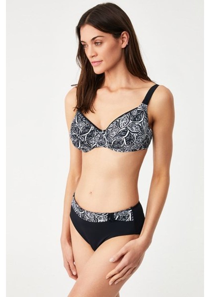Kalın Kenarlı Kapsız Telli Folıo Desenli Siyah Toparlayıcı Bikini Takımı