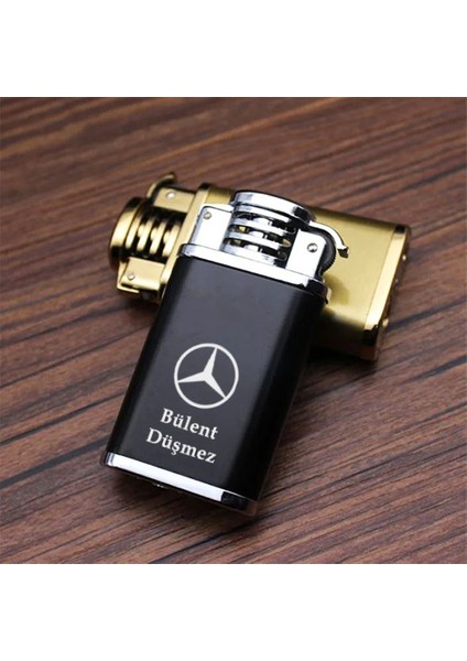 Kişiye Özel Isimli Siyah Tasarım Araç Araba Logo Baskılı Metal Çakmak
